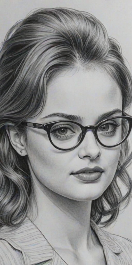 Alluring Joey King, pencil sketch, portrait of Exquisite woman 1957s in glasses, hair style beatnik, outline, clear lines, fine lines, 8k