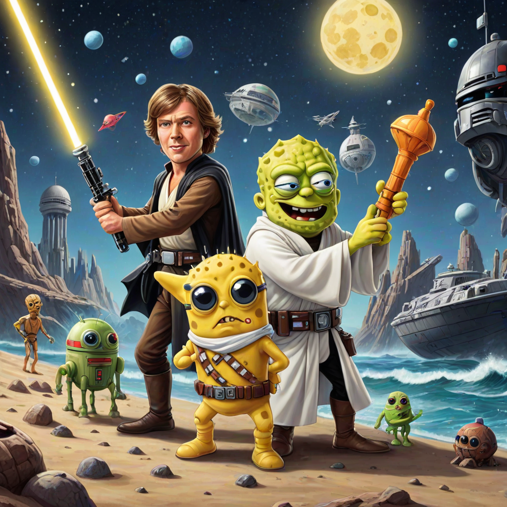 Create a parody of the Star Wars poster with SpongeBob as Luke Skywalker, holding a glowing spatula like a lightsaber. Patrick Star takes the role of Han Solo, holding a blaster, while Squidward is Obi-Wan Kenobi, draped in robes. In the background, Plankton appears as Darth Vader, with Bikini Bottom’s landmarks reimagined as spaceships and planets. The iconic Star Wars logo is swapped for "Sponge Wars," creating a playful, sci-fi adventure scene.