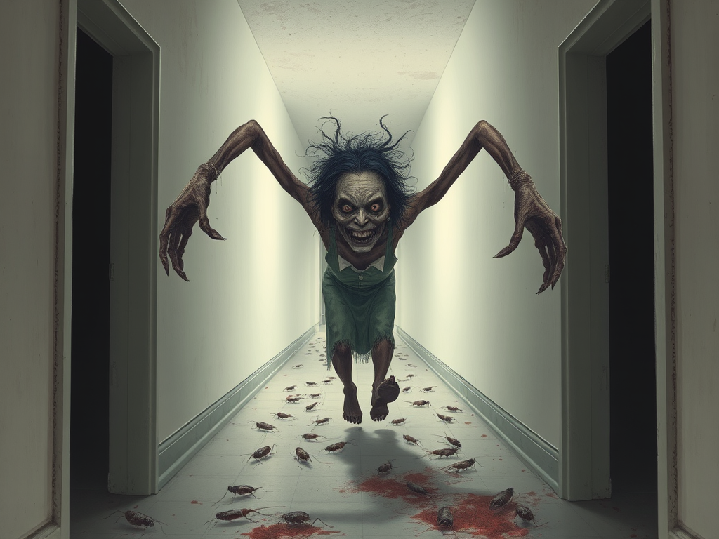 a crooked female with long arms and a creepy smile is crawling along a long white corridor and you can also see cockroaches in it there is a creepy atmosphere creepy art style