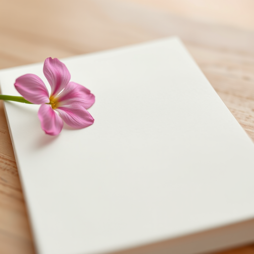 a blank notepad with a pink flower on the top left corner, shot in natural lighting, close-up view, with a shallow depth of field, using a Canon EOS R5 with a 50mm f/1.8 lens, aperture set to f/2.8, ISO 100