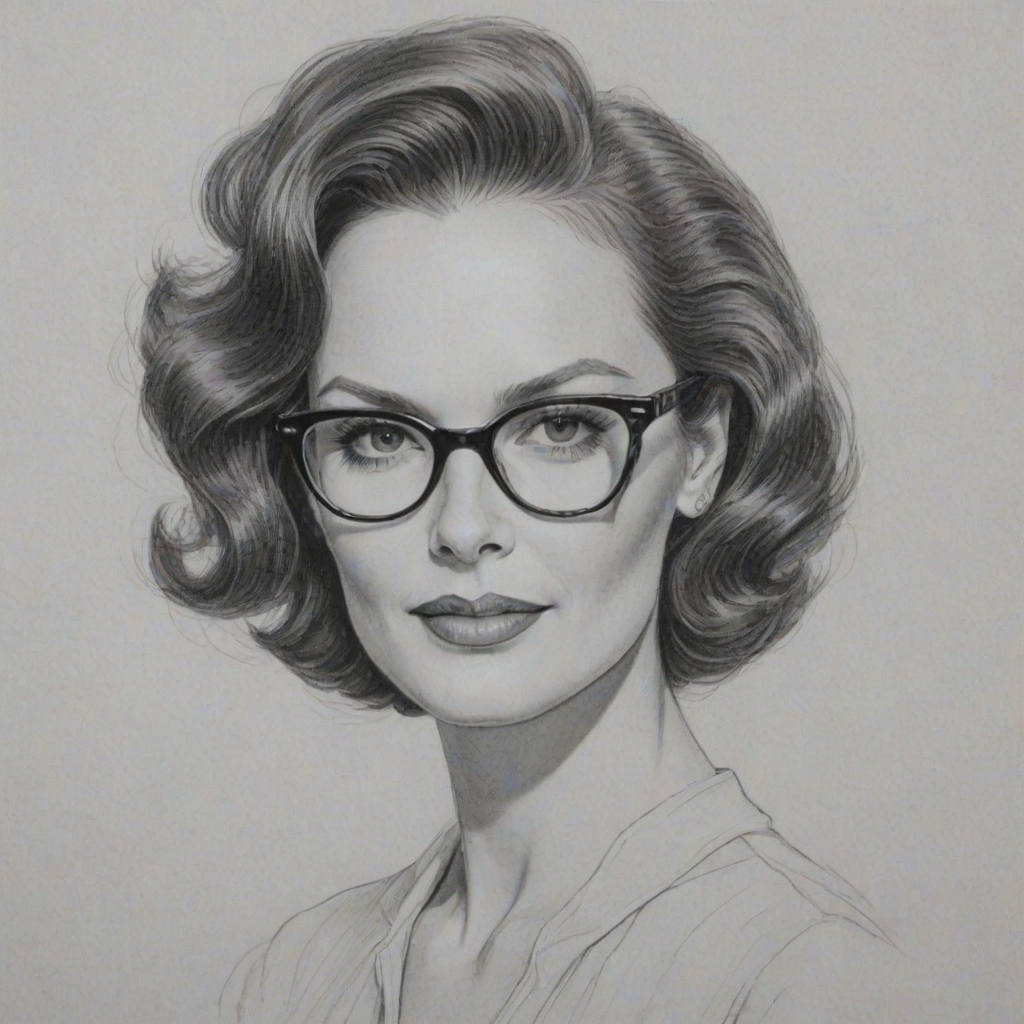 Charming Lesley Ann Warren, pencil sketch, portrait of Dazzling woman 1949s in glasses, hair style beatnik, outline, clear lines, fine lines, 8k