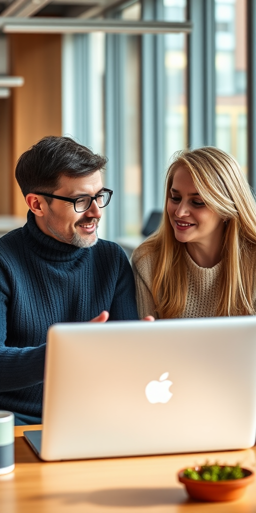 Create an image of two people having a discussion in a modern office setting, one wearing glasses and a sweater, the other with a laptop in front of them, shot with a Canon EOS R5, 50mm lens, f/1.8 aperture, ISO 200, using natural lighting for a warm atmosphere.