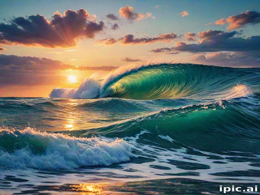 Majestic Ocean Waves Illuminated by a Stunning Sunset Sky at Dusk