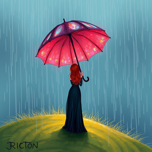 A surreal hand-drawn digital artwork depicting a mysterious red-haired woman standing on a grassy hill under the rain. She holds an umbrella crafted from iridescent zircon, its vibrant sheen contrasting with the soft, rainy atmosphere. The scene feels dreamlike, blending the natural elements of the hill and rain with the otherworldly shimmer of the umbrella.