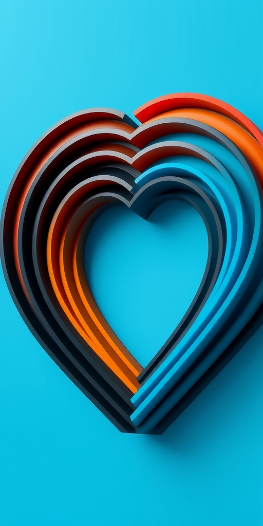Create a vibrant 3D heart shape with concentric lines in various shades of black, orange, and blue, using a Canon EOS 5D Mark IV, aperture f/8, ISO 100, 24mm lens, shot from a frontal view with a slight upward angle to enhance depth.