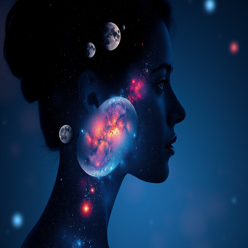 Create a serene portrait of a woman with a galaxy within her silhouette, featuring vivid colors of cosmic elements such as stars, moons, and planets, shot with a Nikon D850 at f/1.8, ISO 100, and a 35mm lens, capturing intricate details in a soft-focus background for depth.