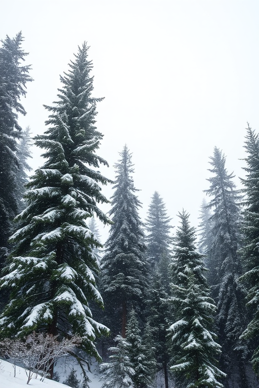 snowy landscape with tall evergreen trees, soft falling snowflakes, overcast sky, wide-angle view, f/8 aperture, 1/125 sec shutter speed, ISO 200, DSLR camera, natural light