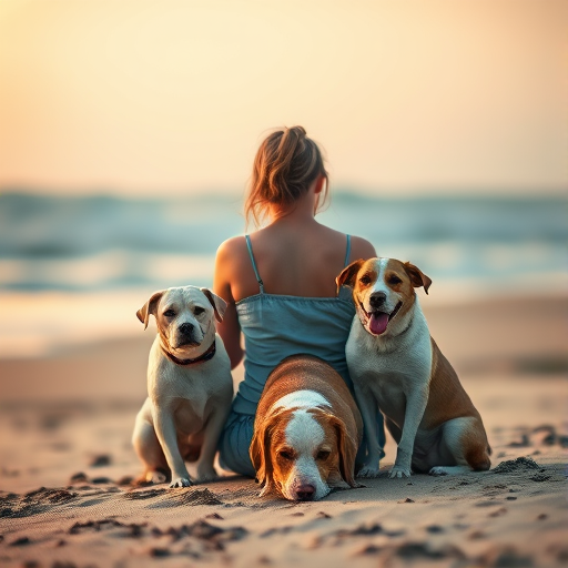 A person sitting on a beach with two dogs, soft focus background, warm colors, watercolor style, depth of field, ISO 200, f/2.8, 1/1000 sec, 50mm lens, DSLR camera.