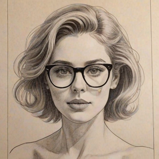 Fetching Sophie Bush, pencil sketch, portrait of Gorgeous woman 1977s in glasses, hair style beatnik, outline, clear lines, fine lines, 8k