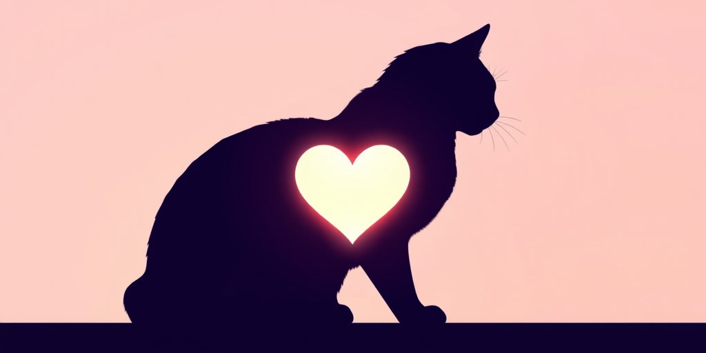 Create a digital illustration of a silhouette of a cat sitting sideways with a glowing heart in the center, using soft pastel colors; camera settings: f/1.8, ISO 200, shutter speed 1/200 sec; camera view: close-up; camera style: artistic; camera type: digital DSLR.