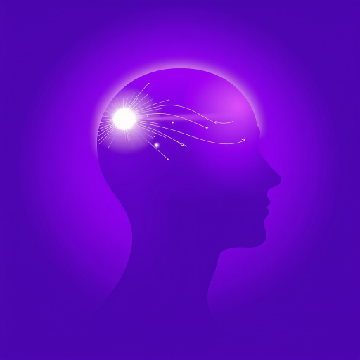 Create a vibrant illustration of a side profile of a human head in solid purple with a glowing white light emanating from the top, incorporating lines indicating energy flow, using a DSLR camera with a 50mm lens at f/1.8, ISO 100, 1/200s shutter speed, in high resolution with a shallow depth of field and dramatic lighting.