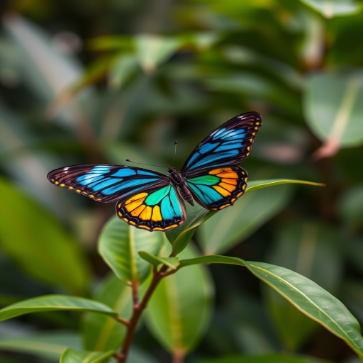 Generate an image of a colorful butterfly perched on green leaves with a blurred background of tropical foliage. The butterfly should have vibrant patterns in shades of blue, yellow, and black. The scene should convey a sense of tranquility and the beauty of nature.