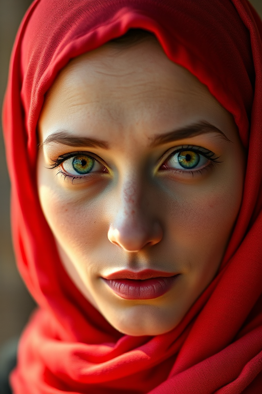 portrait of a woman with a red headscarf and green eyes, soft natural lighting, shallow depth of field, 85mm lens, f/1.4 aperture, ISO 100, Nikon DSLR, 35mm equivalent, candid style, high resolution