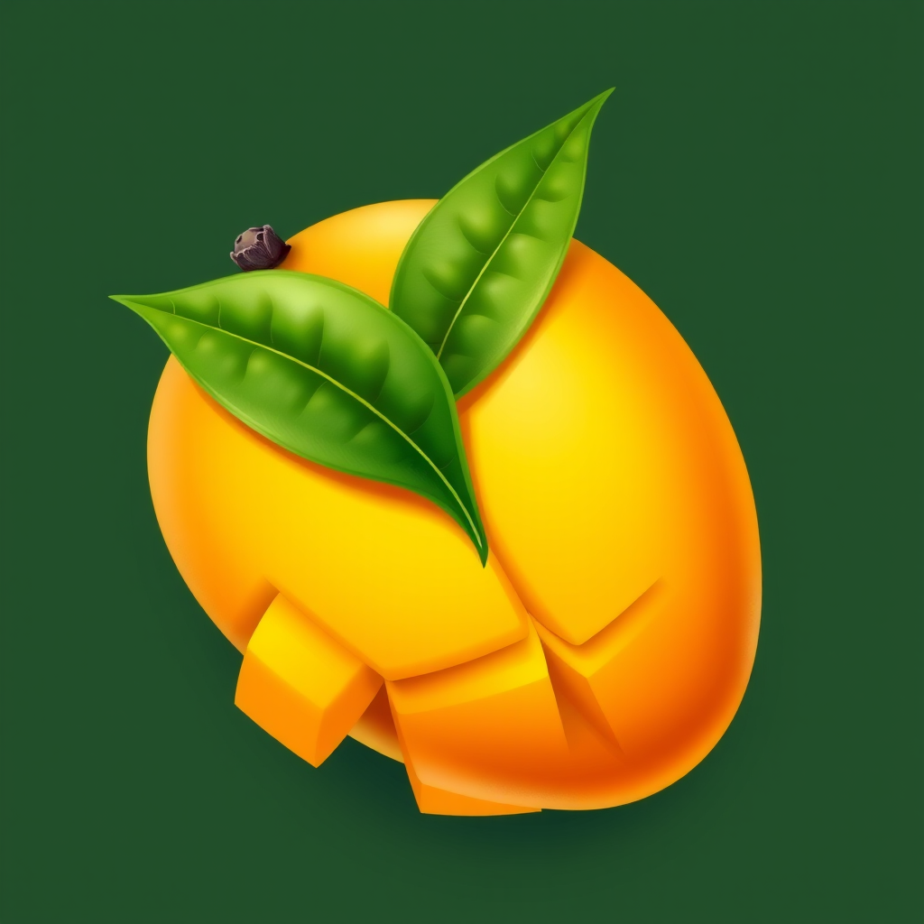 Create a highly detailed illustration of a mango with a smooth gradient of yellow to orange, featuring a vibrant green leaf, shot in a top-down view using a DSLR camera at f/4 aperture, ISO 100, and 50mm lens for crisp focus and vibrant colors.