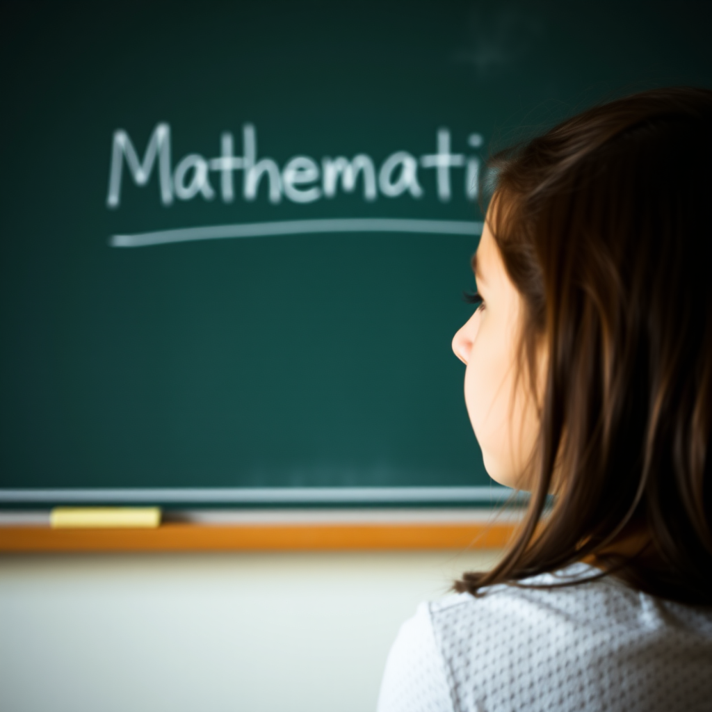 Create an image of a student looking bored at a chalkboard with the word "Mathematics" clearly written, using a DSLR camera with a 50mm lens at f/1.8, ISO 200, shutter speed 1/200, soft lighting, and a slight vignette effect for enhancement.