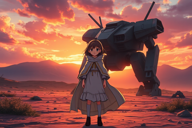 create a detailed anime-inspired scene featuring a young girl in a white cloak standing confidently in a desolate landscape with a large mech in the background, warm sunset lighting, cinematic depth of field, shot with a Canon EOS R5, 50mm lens at f/1.8, ISO 100, 1/200s, vibrant colors and dramatic clouds for enhanced image quality