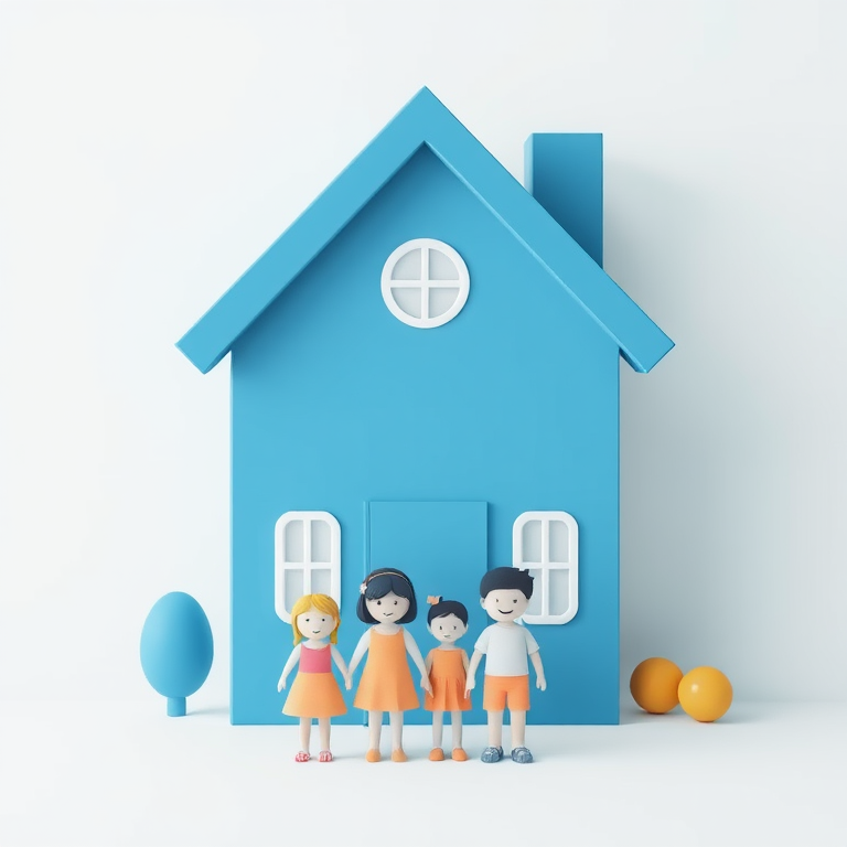 Generate a high-quality illustration of a simple blue house icon with a family of four in front, using a soft focus lens, 50mm f/1.8 aperture, natural lighting, and a clean background to enhance clarity and detail.
