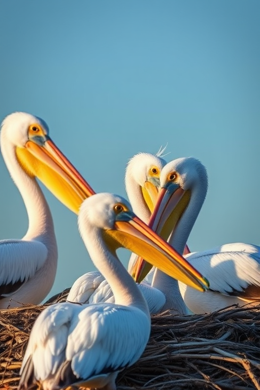 Capture a close-up shot of pelicans nesting with a shallow depth of field, using a DSLR camera at f/4, ISO 200, 1/200 sec, with a 50mm lens, in natural light, at sunrise for softer tones.