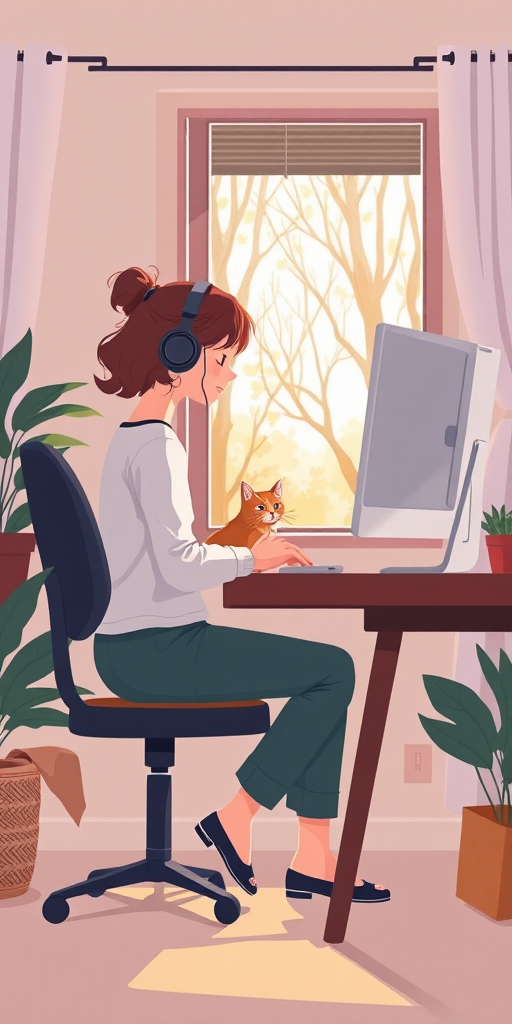 create an illustration of a young woman sitting at a desk with a computer, wearing headphones, a cat beside her, and a view of trees outside the window, in a cozy room, with soft lighting, shot from a side angle, using a Canon EOS R5 with a 50mm lens, aperture f/1.8, ISO 200, to enhance depth of field and image quality