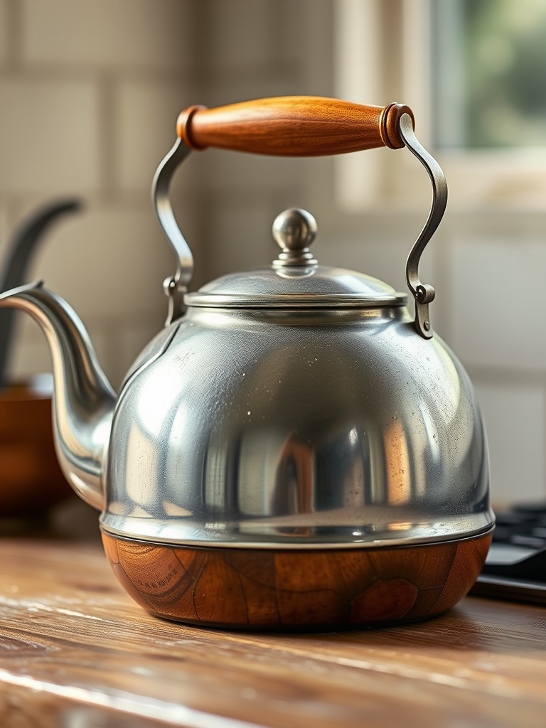 Create a detailed illustration of a vintage stovetop kettle with a wooden handle, emphasizing shiny metallic textures, using a shallow depth of field, ISO 100, aperture f/2.8, shutter speed 1/125s, captured from a slightly elevated angle in natural lighting with a soft focus background.