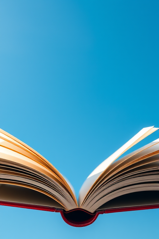 a floating open book with pages fanned out against a clear blue sky, shot with a DSLR camera at f/2.8, ISO 100, shutter speed 1/500 sec, using a macro lens for enhanced detail and clarity, capturing a top-down angle focused on the book's pages