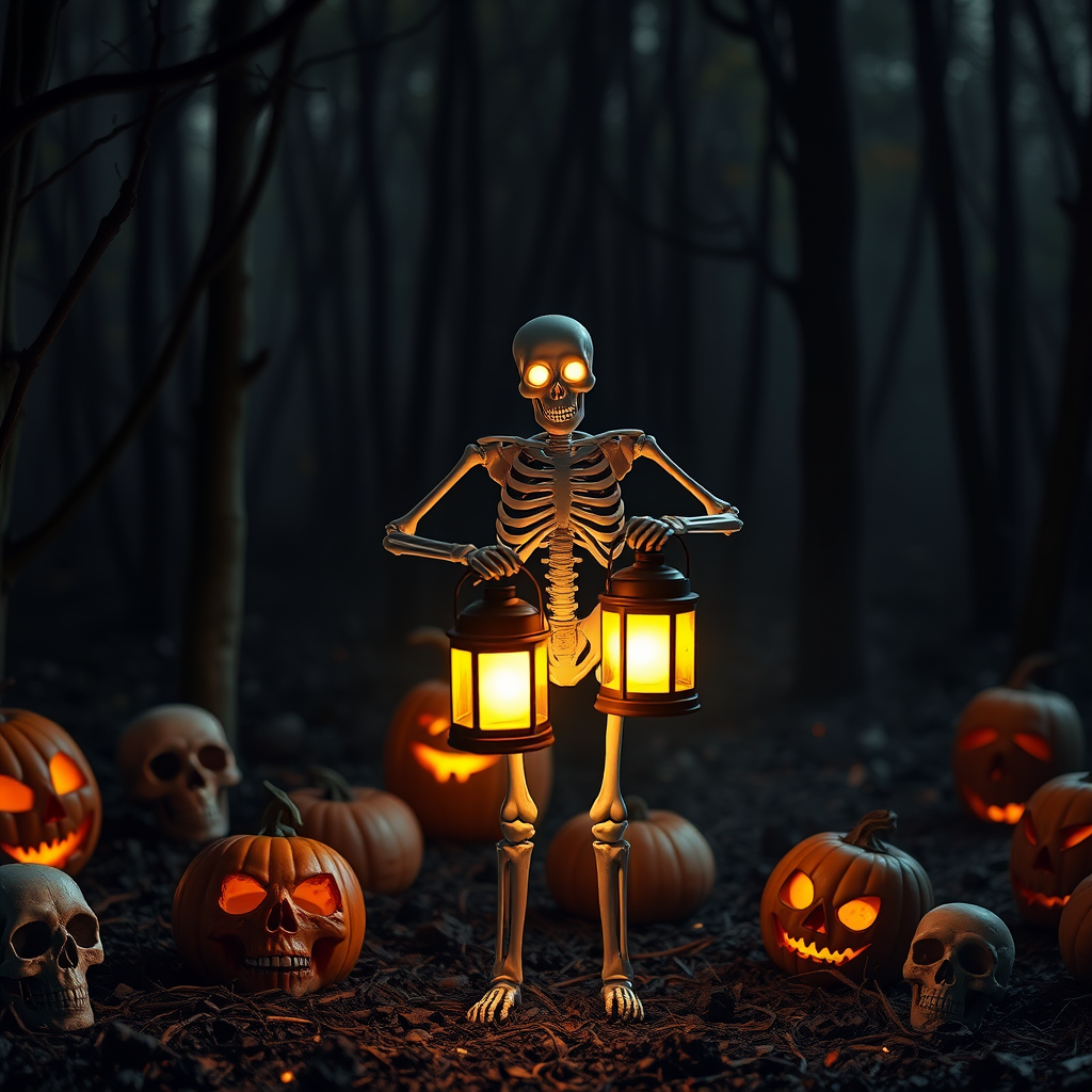 Create a spooky scene featuring a skeleton figure with glowing eyes holding two lanterns that emit an eerie light in a dark forest setting surrounded by carved pumpkins and ominous skulls. The atmosphere should be