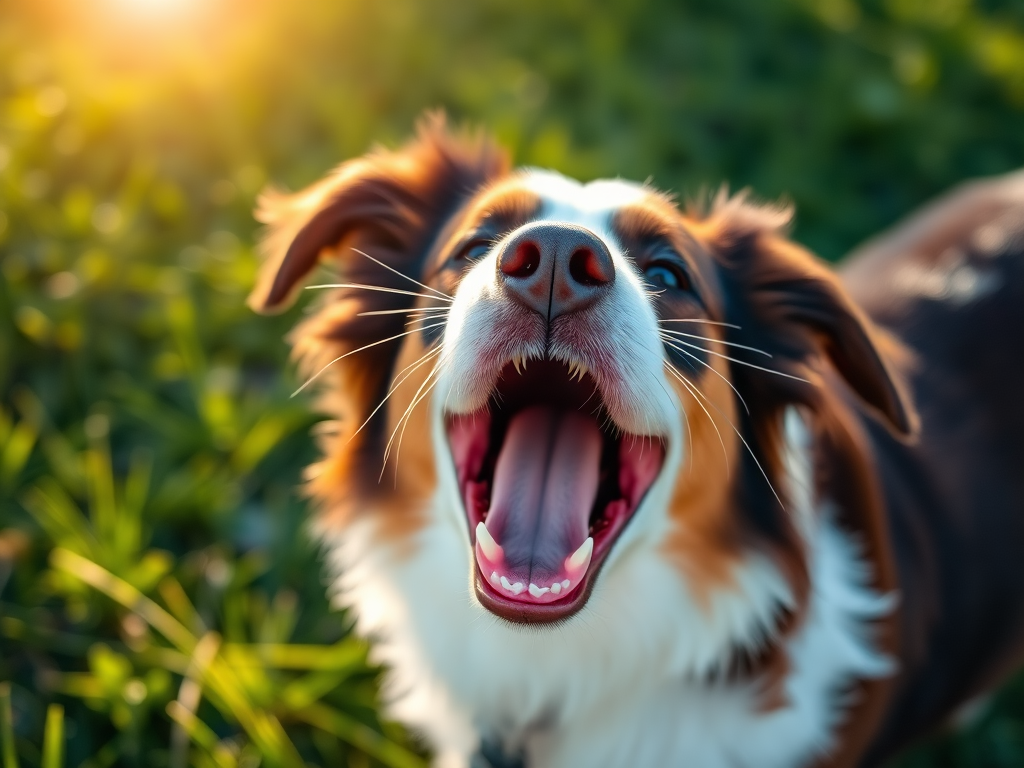 Capture a close-up of a playful brown and white Border Collie yawning in a sunlit grassy setting, using a DSLR camera with a 50mm lens, aperture set to f/2.8, shutter speed at 1/200s, ISO 200, soft focus background.