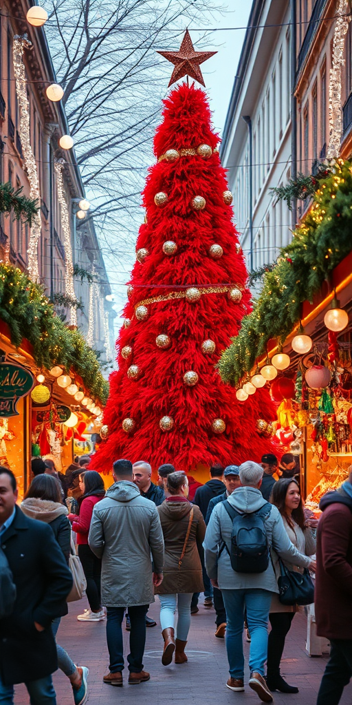 Generate an image of a vibrant market scene during the holiday season. The focal point is a large, decorative Christmas tree made of red tinsel, adorned with a star on top. Surrounding the tree, colorful stalls are filled with festive decorations and gifts. People are gathered, enjoying the festive atmosphere, with some shopping and others taking photos. The street is lively and decorated with strings of lights, creating a cheerful and warm ambiance.