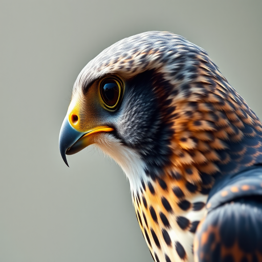Create a hyper-realistic illustration of a falcon's head in profile view, with detailed feather textures and vibrant colors, using a DSLR camera with a 50mm lens, aperture set to f/1.8 for a shallow depth of field, ISO 200 for minimal noise, and natural soft lighting to enhance detail and contrast.