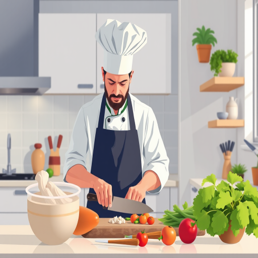 Create a digital illustration of a chef chopping vegetables in a modern kitchen, focusing on a clean and bright atmosphere with soft pastel colors, using a Canon EOS R5 with a 24-70mm f/2.8 lens, aperture set to f/5.6, ISO 100, and an overall sharp focus to capture intricate details.