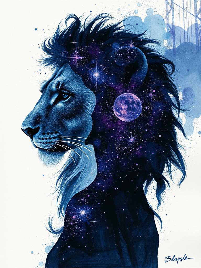 Captivating conceptual render alcohol ink art, double exposure, the paint strokes artfully merge combining a woman's full silhouette with a Xenial xenops's silhouette. The figures are composed of a series of colored dots, lines & spots that evoke the image of a cosmic galaxy, colors are deep shades of blue purple & black with flashes of white & silver representing distant stars. The woman's silhouette is formed within the lion's silhouette from constellations of scattered stars, surreal
