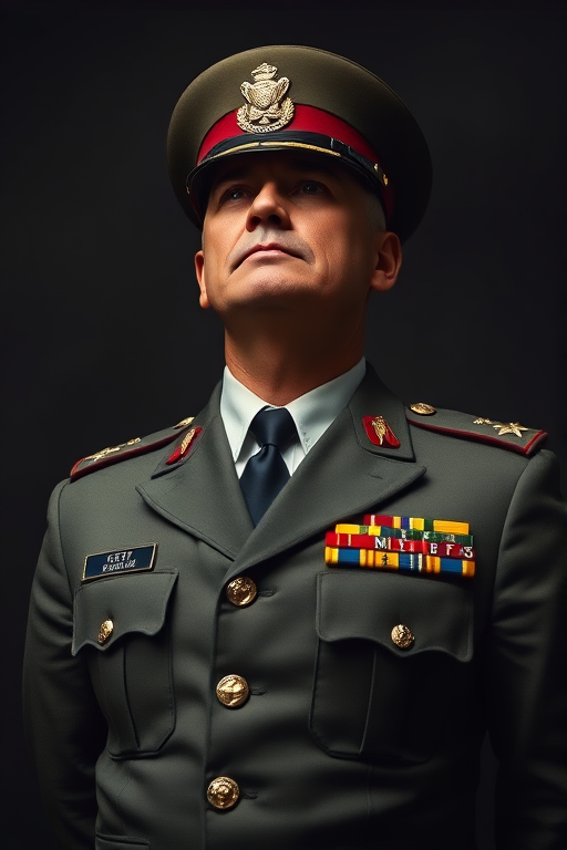Create a high-resolution portrait of a military officer in a detailed uniform, highlighting medals and insignia, using a Canon EOS R5 camera, 85mm lens, f/1.8 aperture, 1/125 sec shutter speed, ISO 100, soft diffused lighting, and a slightly upward angled view to emphasize the subject against a dramatic background.