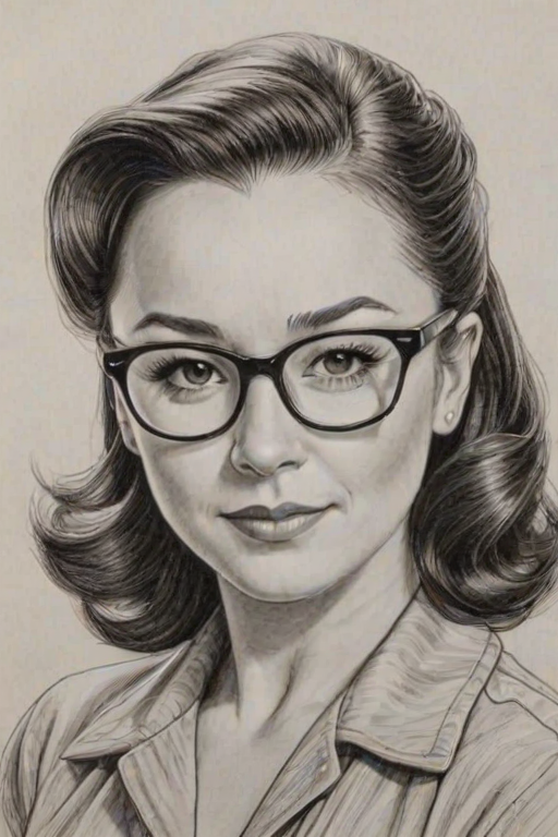 Elegant Danielle Harris, pencil sketch, portrait of Pleasing woman 1940s in glasses, hair style beatnik, outline, clear lines, fine lines, 8k