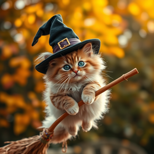 A fluffy cat wearing a witch's hat flying on a broomstick, captured in soft afternoon light with a shallow depth of field, using a DSLR camera set to f/2.8, ISO 100, shutter speed 1/500s, in a whimsical outdoor setting during autumn, with vibrant leaves in the background.