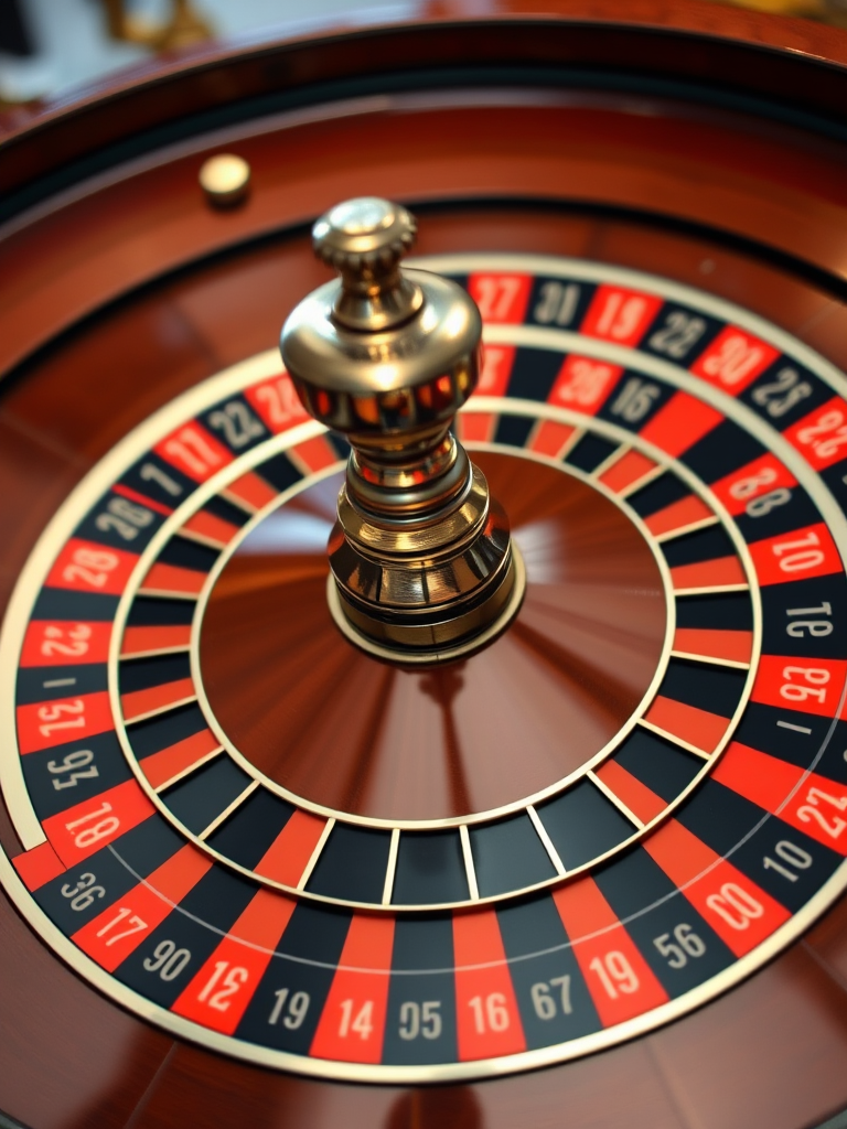 High-angle shot of a roulette wheel with a focus on the ball landing, using a DSLR camera, aperture f/2.8, 50mm lens, ISO 100, natural lighting, enhance color saturation and sharpness for a vibrant look.