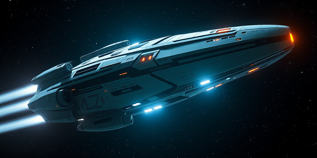 regenerate a futuristic spaceship in space, low-angle shot, using a DSLR camera with a 50mm lens at f/1.8, ISO 200, 1/125 sec, high resolution, with dramatic lighting and intricate details on the spaceship's surface
