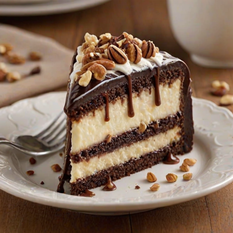 Generate an image of a decadent layered cake featuring rich chocolate ganache drizzled over the top, adorned with swirls of cream and sprinkled with crushed nuts. The cake has a glossy finish and a variety of textures, showcasing layers of creamy filling and a chocolate crust. The setting is warm and inviting, with soft lighting that enhances the dessert's appeal.