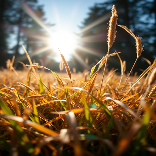 photograph dried grass in sunlight from low angle using a DSLR camera, f/2.8 aperture, 1/500 sec shutter speed, ISO 100, 24mm lens, vibrant colors, focus on foreground detail