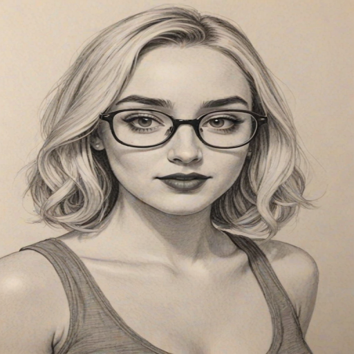Exquisite Harley Quinn Smith, pencil sketch, portrait of Radiant woman 1967s in glasses, hair style beatnik, outline, clear lines, fine lines, 8k