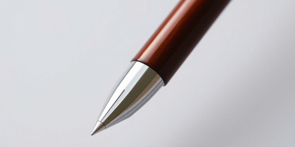 Create a realistic image of a sleek brown pen with silver accents, captured from a close-up view using a DSLR camera set at f/2.8 aperture, 50mm lens, ISO 100, in natural lighting to enhance clarity and detail.