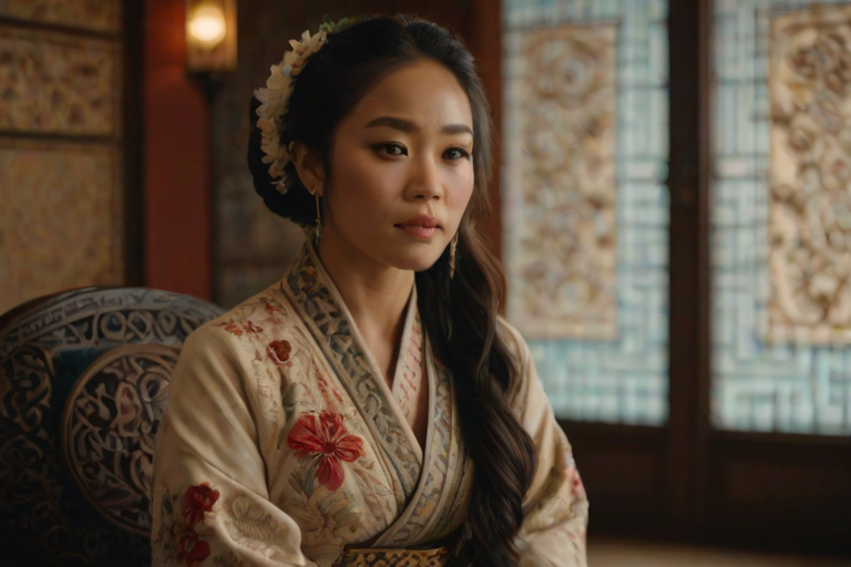 A beautiful Pacific Islander woman in traditional East Asian attire, intricately detailed with embroidered patterns, sitting gracefully in a richly decorated room, soft ambient lighting, serene and elegant, ultra-realistic, 8K resolution