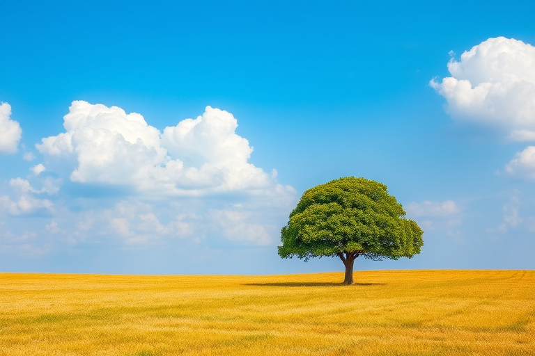 a solitary tree in a vast open field under a blue sky with a few fluffy clouds