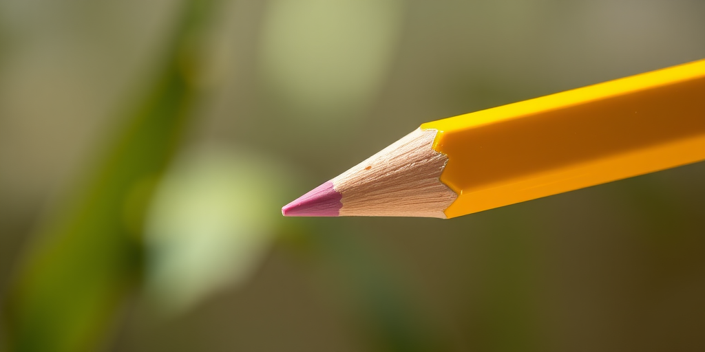 Create a high-resolution illustration of a yellow pencil with a pink eraser and silver ferrule, shot in natural light with a shallow depth of field, using a DSLR camera, ISO 100, aperture f/2.8, and a 50mm lens.
