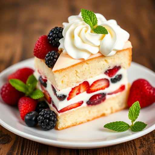 A slice of vanilla cake layered with cream and mixed berries including strawberries raspberries blueberries and blackberries garnished with whipped cream on top served on a white plate with fresh berries and mint leaves on the side