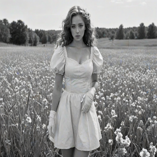 safe, sketch, monochrome, greyscale, 1girl, solo, long hair, curly hair, wavy hair, orange hair, orange eyes, looking at viewer, breasts, dress, white dress, puffy sleeves, puffy short sleeves, short sleeves, gloves, elbow gloves, white gloves, cowboy shot, closed mouth, standing, outdoors, field, flower, grass, plant, sky