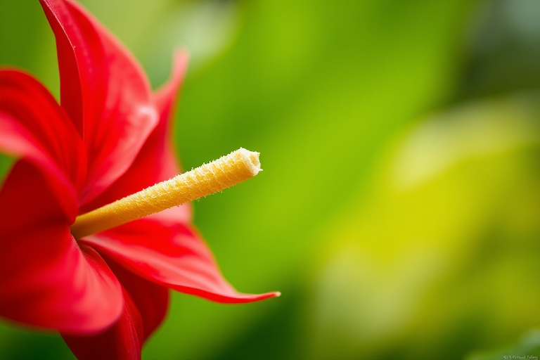 Close-up shot of a vibrant red Anthurium flower against a blurred green background, focus on details with a macro lens, aperture f/2.8, shutter speed 1/100 sec, ISO 100, natural lighting, DSLR camera.