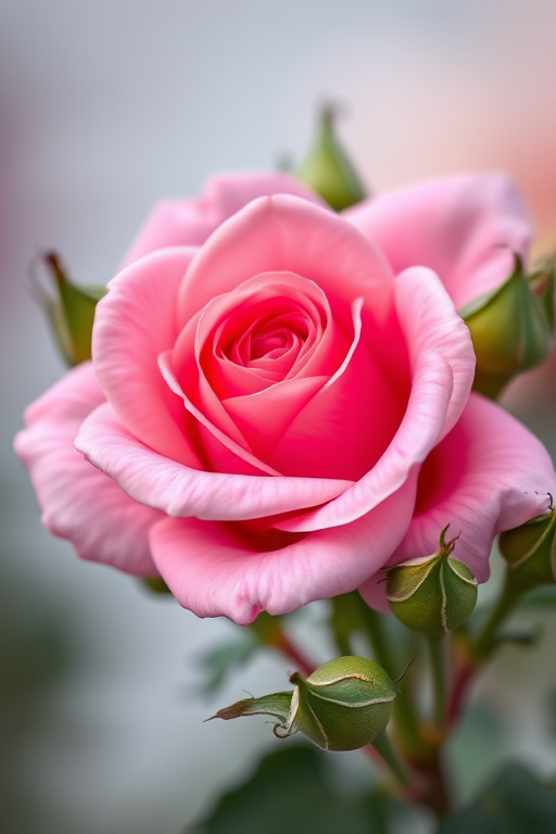 macro shot of a pink rose in full bloom surrounded by green buds, soft focus background, f/2.8 aperture, 50mm lens, ISO 100, natural light, DSLR camera