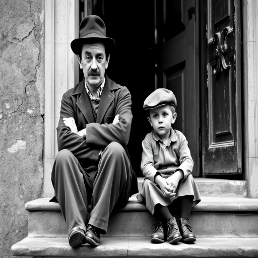 A black-and-white photograph of a man and a child sitting on steps in front of a doorway. The man is dressed as a tramp with a bowler hat, mustache, and ragged clothes, reminiscent of Charlie Chaplin's iconic look. He is sitting with his arms crossed and an expression of slight sadness or frustration. Next to him is a young boy, also in worn clothes and a cap, sitting with his hands clasped, looking thoughtful. The background is an old, textured wall and a partially open door, creating a vintage, early 20th-century atmosphere.
