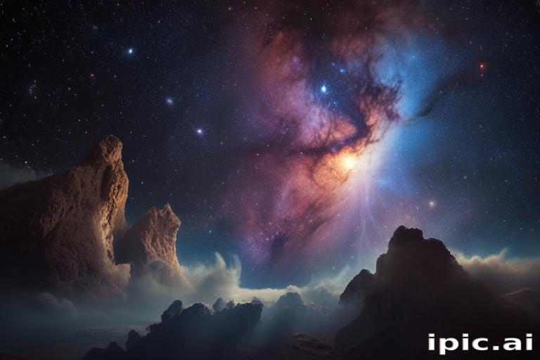 Stunning Cosmic Landscape Featuring Vibrant Nebula and Majestic Rocky ...