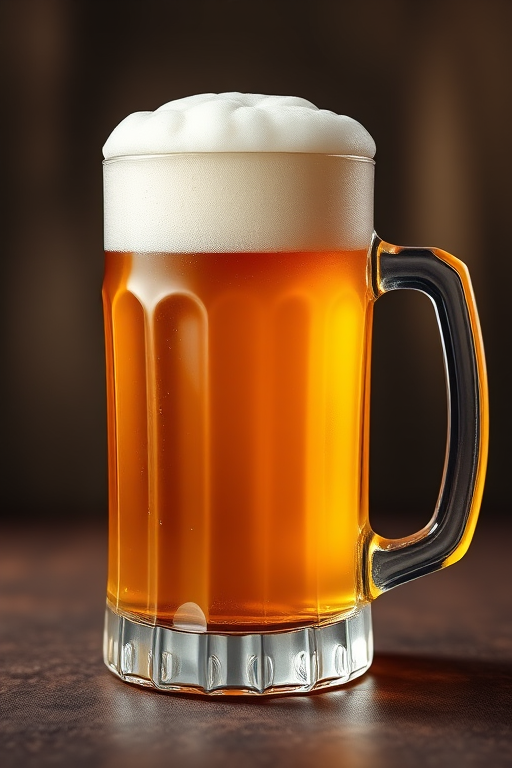 Create a high-resolution illustration of a frothy beer mug with a creamy white head and a transparent golden body, use a soft-focus background, employ a 50mm lens at f/1.8 for shallow depth of field, simulate studio lighting for a glossy effect, and use a digital drawing tablet to enhance details and colors.